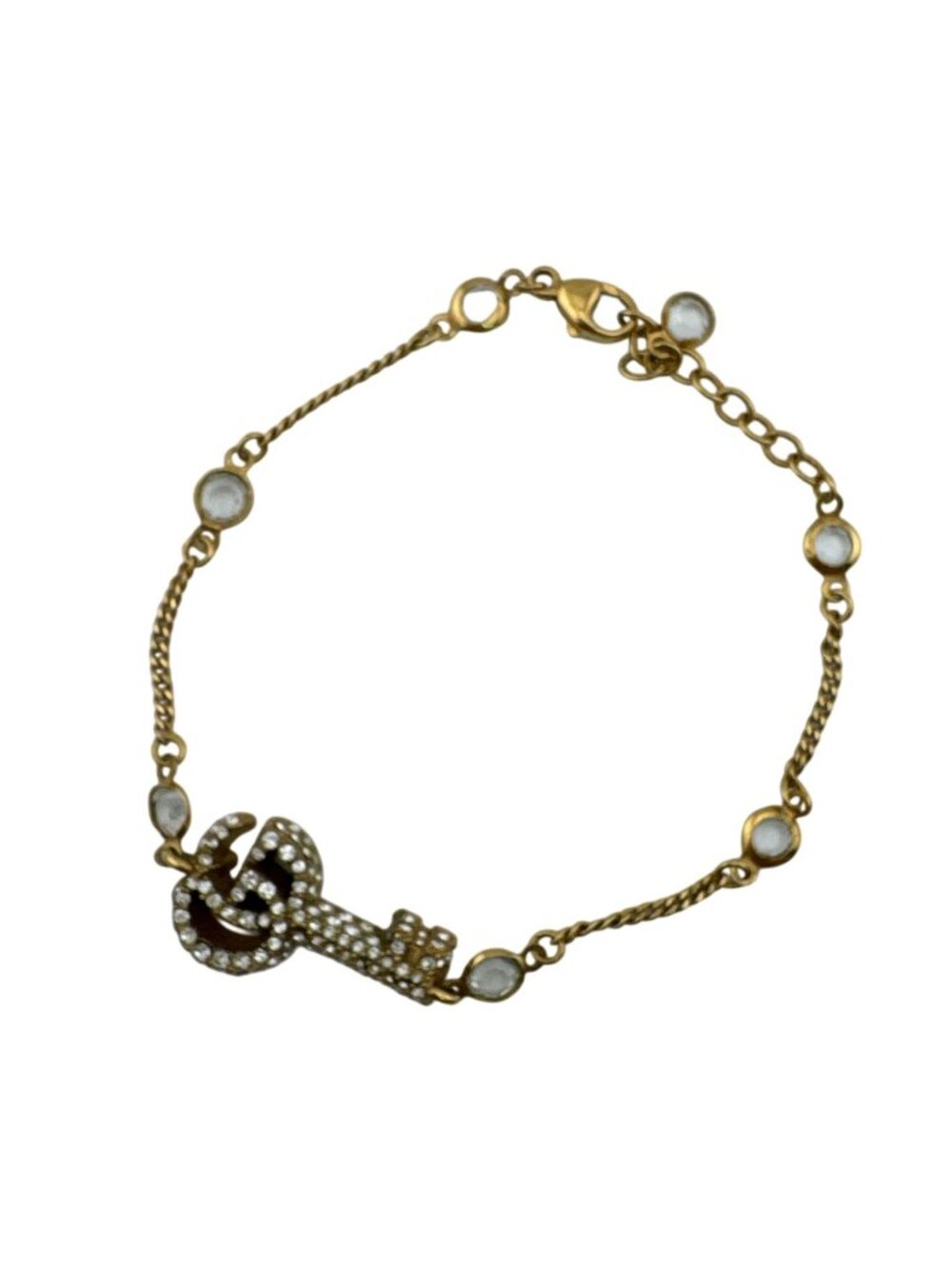 Gucci Double G Key Motif Interlocking G Rhinestone Gold Finish Brass Bracelet